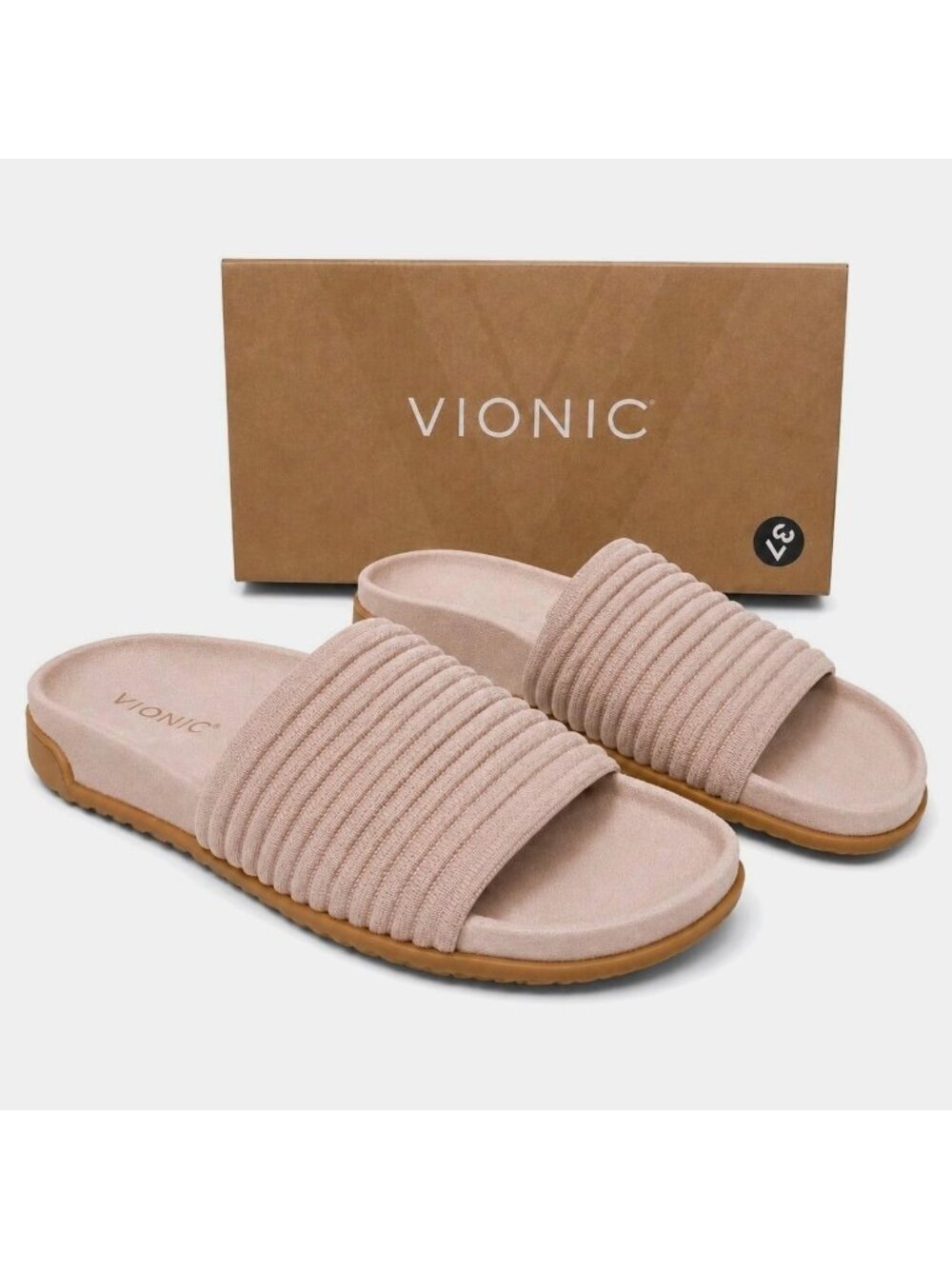 Vionic Evie Supportive Ribbed Knit Slide Sandal Rugby Tan Women 7 Arch Support